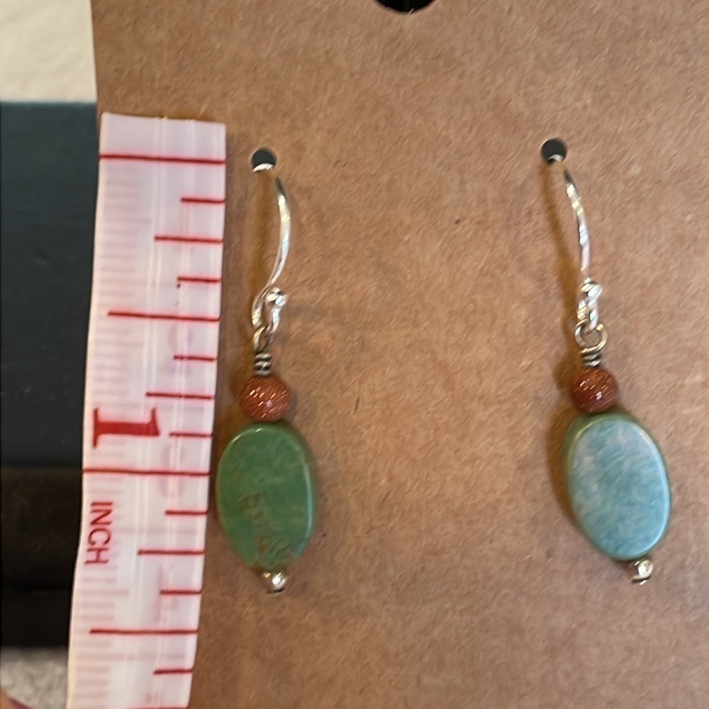 Sterling silver natural stone dangle drop green burnt orange glitter stone - Picture 6 of 7